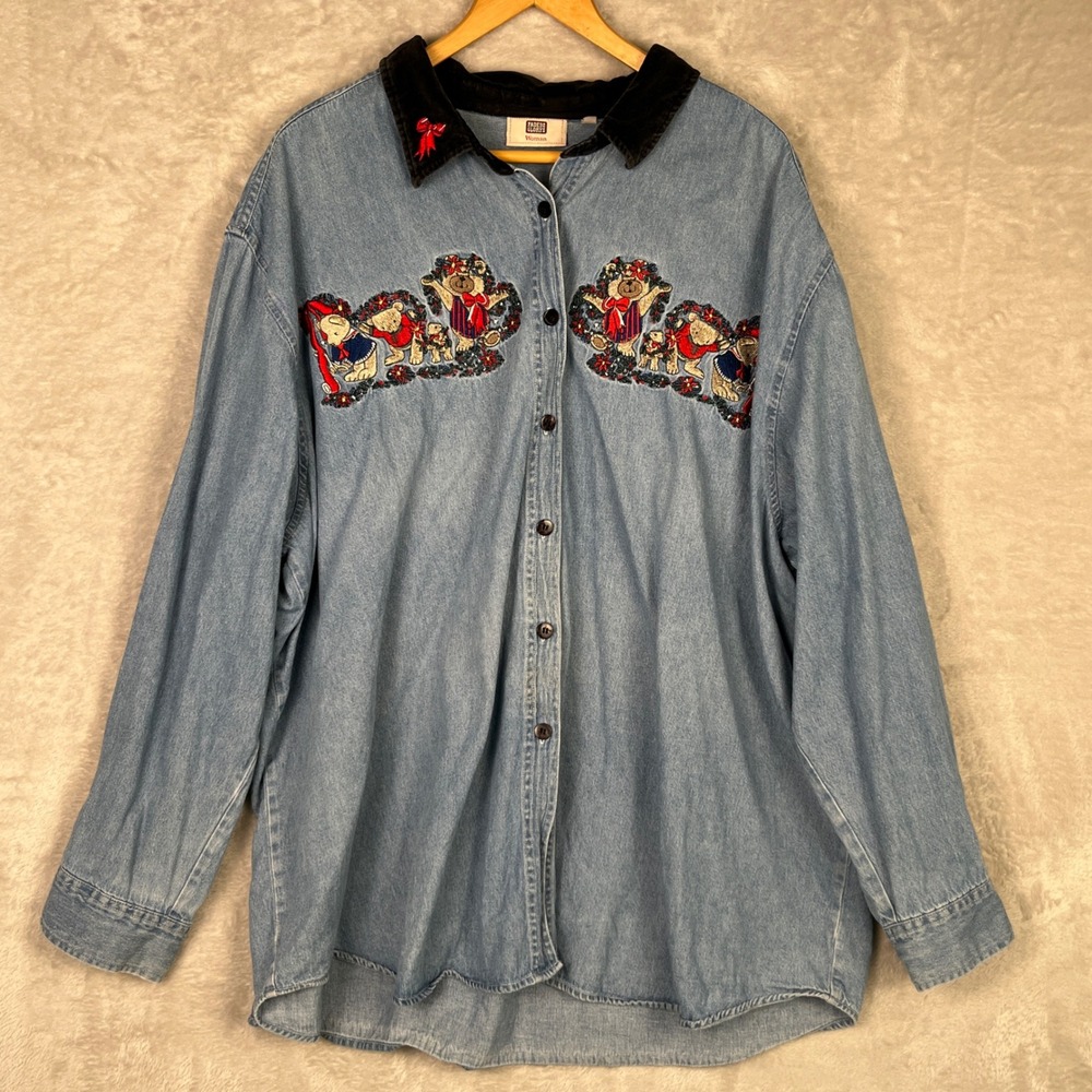 Vintage Women's Christmas Teddy Bear Denim Shirt 26W 4X Grandma 90s Teacher Plus